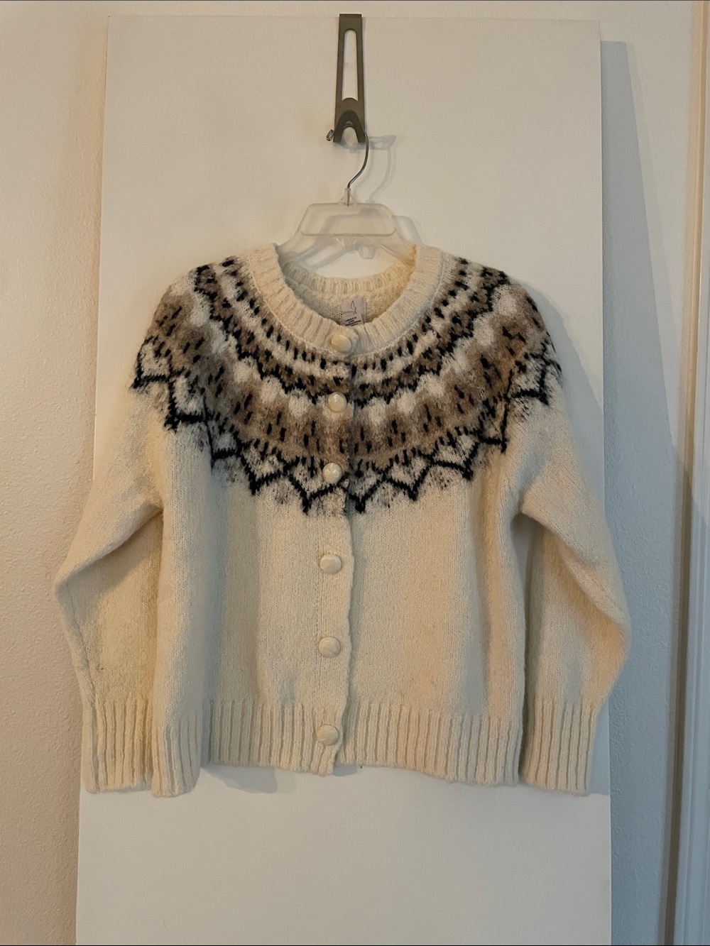 JOIE Fair Isle Icelandic Scandinavian Pattern Cardigan Knit Sweater Ivory/Grey